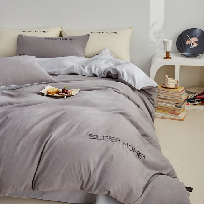 91家纺网 家纺一手货源 找家纺 恋之语 2025新款110克麻绳双拼刺绣四件套 深灰+浅灰