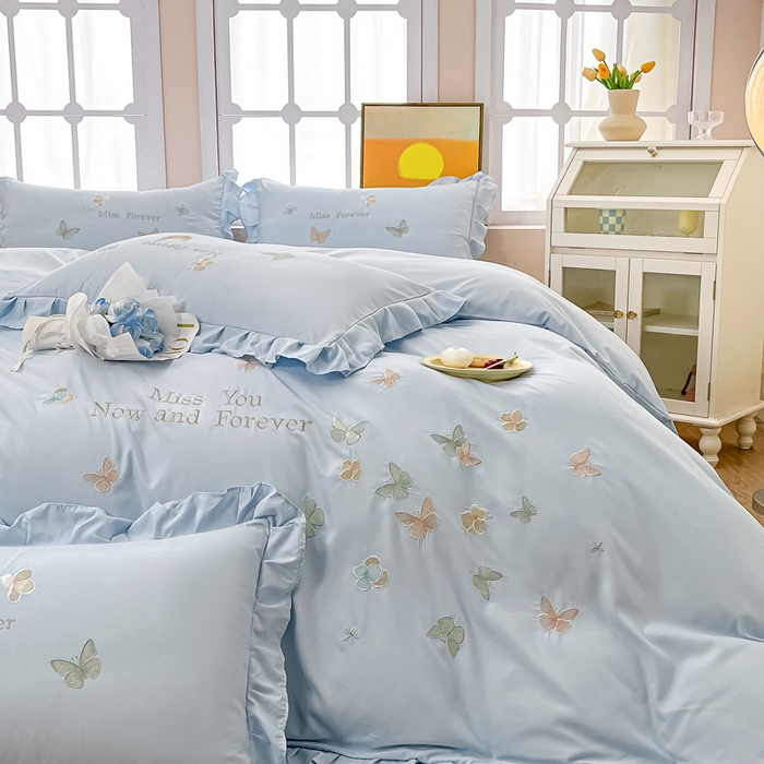 91家纺网 家纺一手货源 找家纺 恋之语 2025新款水洗棉刺绣花边四件套-蝶羽 蝶羽-蓝