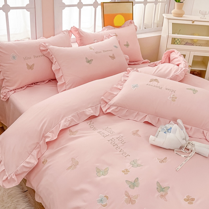 91家纺网 家纺一手货源 找家纺 恋之语 2025新款水洗棉刺绣花边四件套-蝶羽 蝶羽-粉