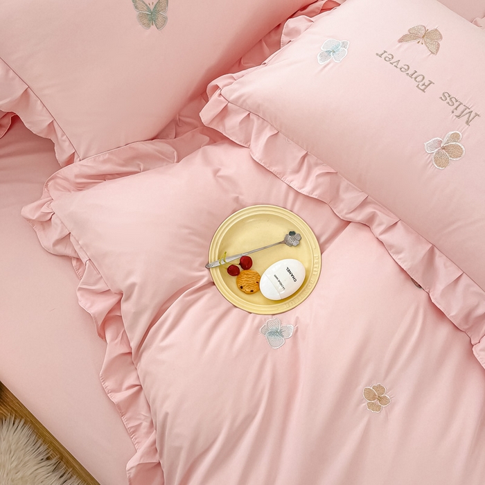 91家纺网 家纺一手货源 找家纺 （总）恋之语 2025新款水洗棉刺绣花边四件套-蝶羽