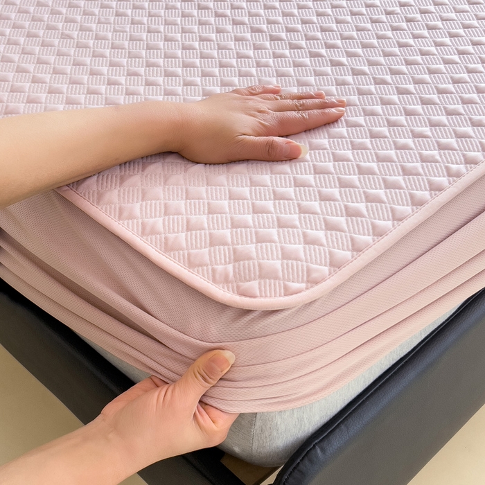 91家纺网 家纺一手货源 找家纺 席世家 2025新款凉感席冰豆豆席子三套件凉席床笠 小方格芙蓉粉-床笠款