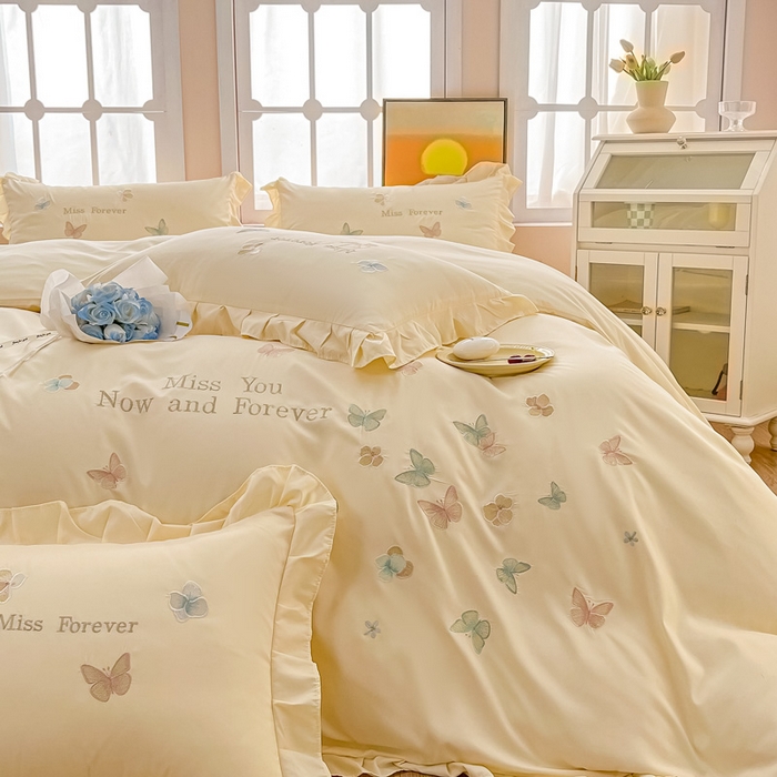 91家纺网 家纺一手货源 找家纺 恋之语 2025新款水洗棉刺绣花边四件套-蝶羽 蝶羽-黄