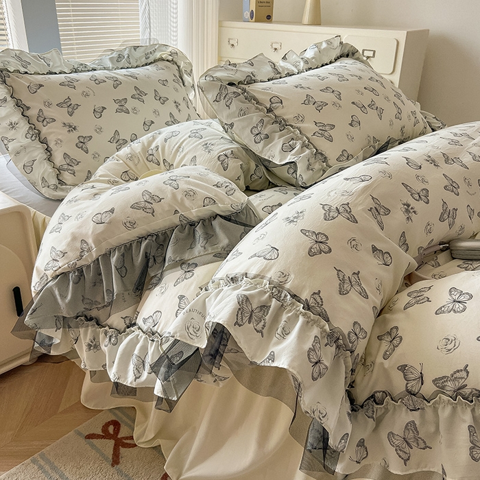 91家纺网 家纺一手货源 找家纺 眠帛家居 2025新款A类法式皱皱纱小清新蕾丝花边四件套 蝶舞