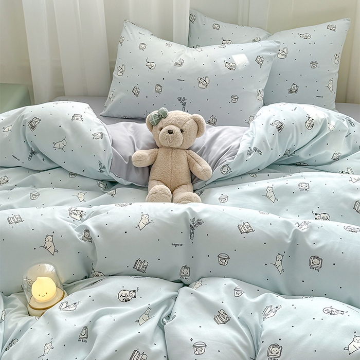 91家纺网 家纺一手货源 找家纺 丝芙妮家居2025新款水洗针织棉双层纱印花四件套 奇异猫