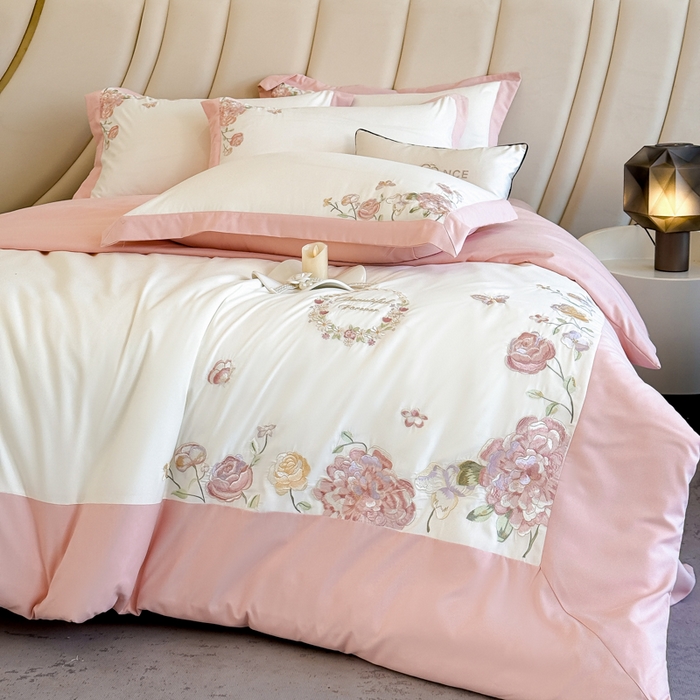 91家纺网 家纺一手货源 找家纺 恋之语 2025新款水洗棉刺绣四件套-伊莉莎 伊莉莎-白粉