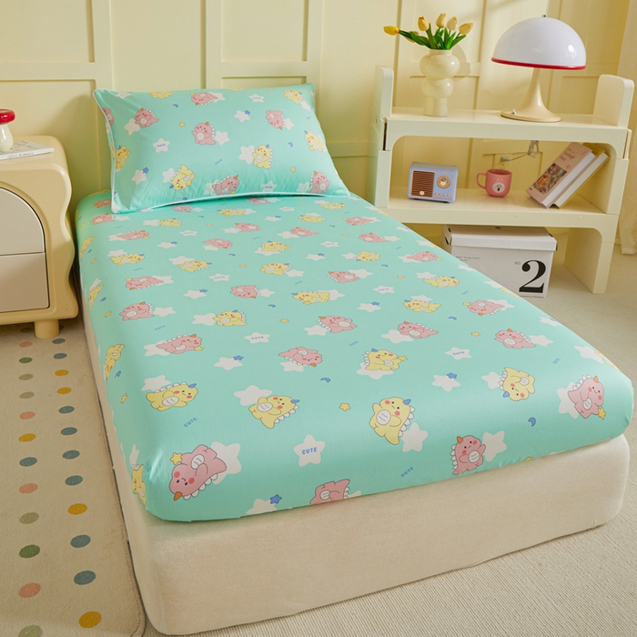 91家纺网 家纺一手货源 找家纺 ds生活馆 2025新款儿童纯棉精梳棉系列单床笠 星星恐龙绿