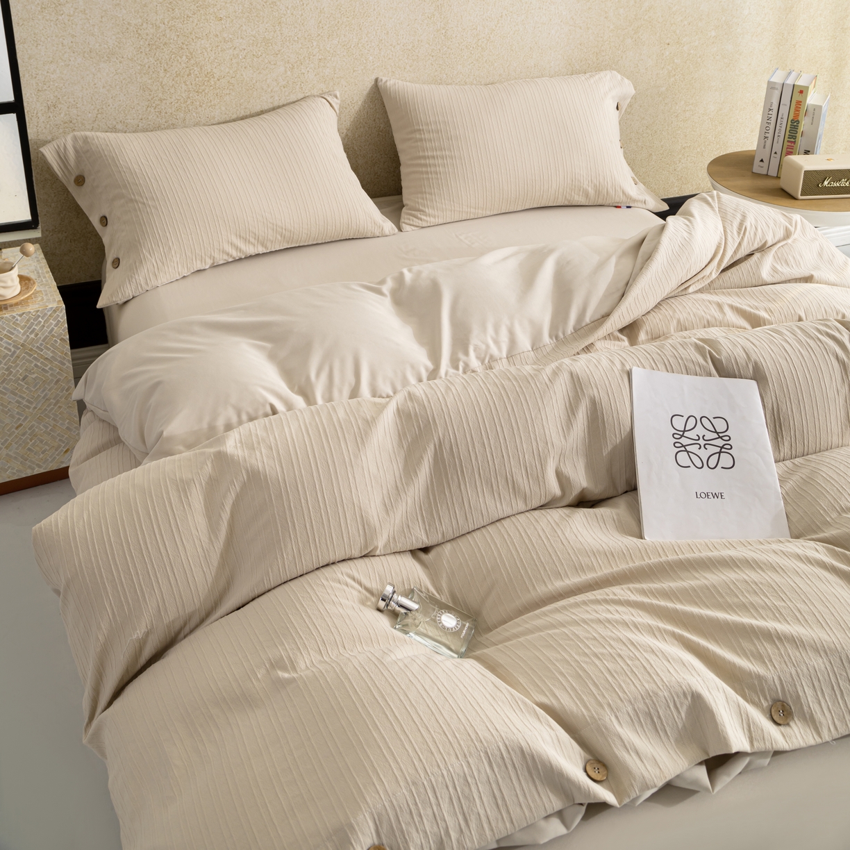 91家纺网 家纺一手货源 找家纺 恋之语 2025新款亲肤舒适提花纽扣款四件套 赛琳娜-奶驼