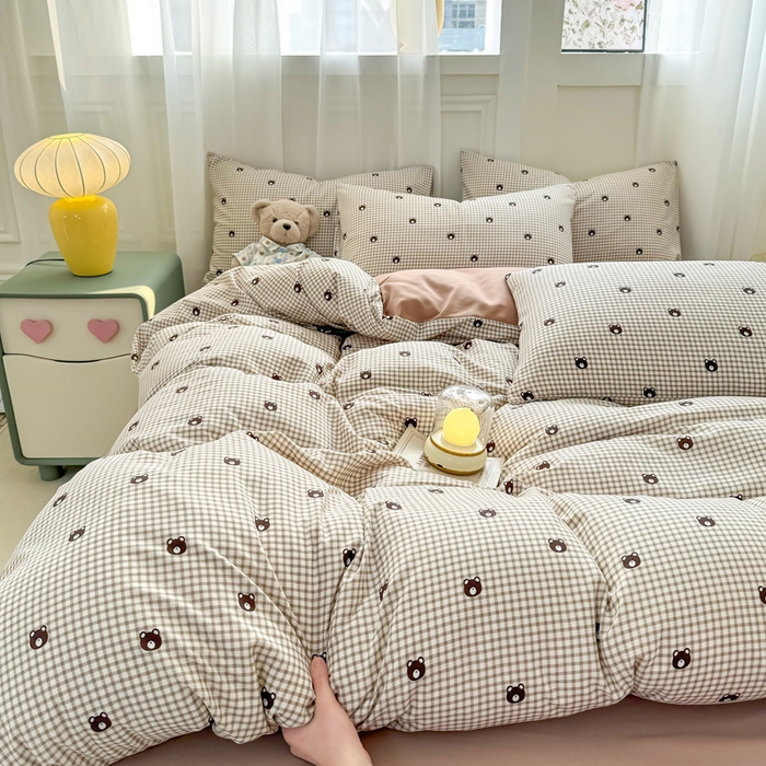 91家纺网 家纺一手货源 找家纺 丝芙妮家居2025新款水洗针织棉双层纱印花四件套 格子熊