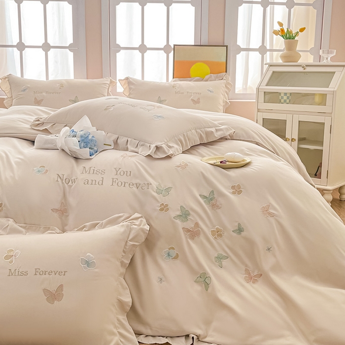 91家纺网 家纺一手货源 找家纺 恋之语 2025新款水洗棉刺绣花边四件套-蝶羽 蝶羽-米白