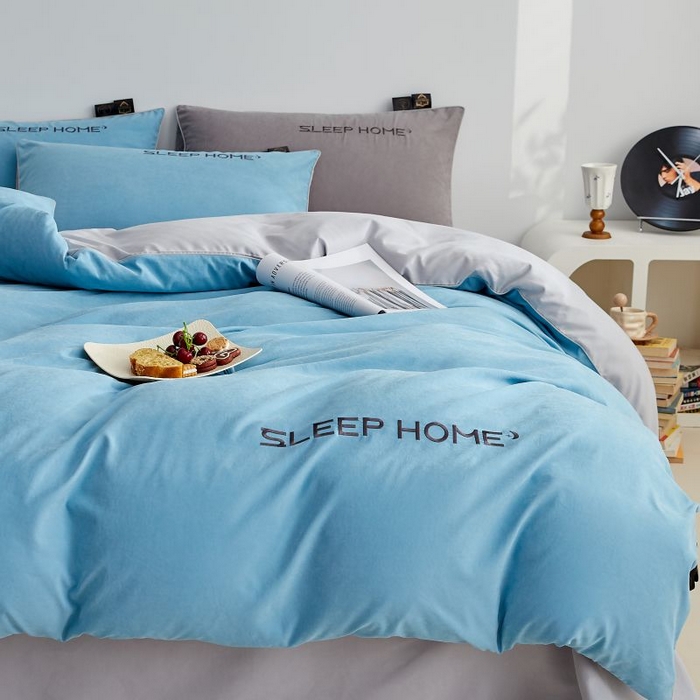 91家纺网 家纺一手货源 找家纺 恋之语 2025新款110克麻绳双拼刺绣四件套 天蓝+浅灰