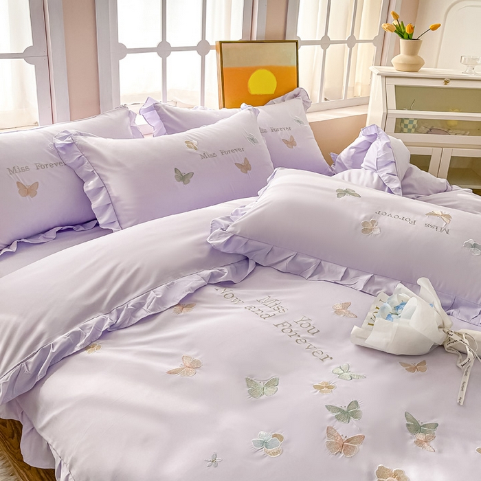 91家纺网 家纺一手货源 找家纺 恋之语 2025新款水洗棉刺绣花边四件套-蝶羽 蝶羽-紫