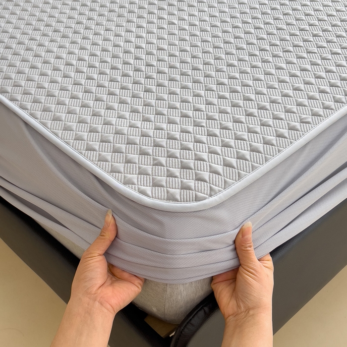 91家纺网 家纺一手货源 找家纺 席世家 2025新款凉感席冰豆豆席子三套件凉席床笠 小方格珍珠灰-床笠款