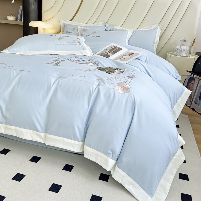 91家纺网 家纺一手货源 找家纺 恋之语 2025新款水洗棉刺绣四件套-锦绣花 锦绣花-天蓝