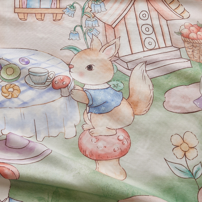 91家纺网 家纺一手货源 找家纺 荷马之梦 2025新款天竹系列—A类原创手绘风大版天竹纤维四层纱儿童盖毯 蘑菇下午茶