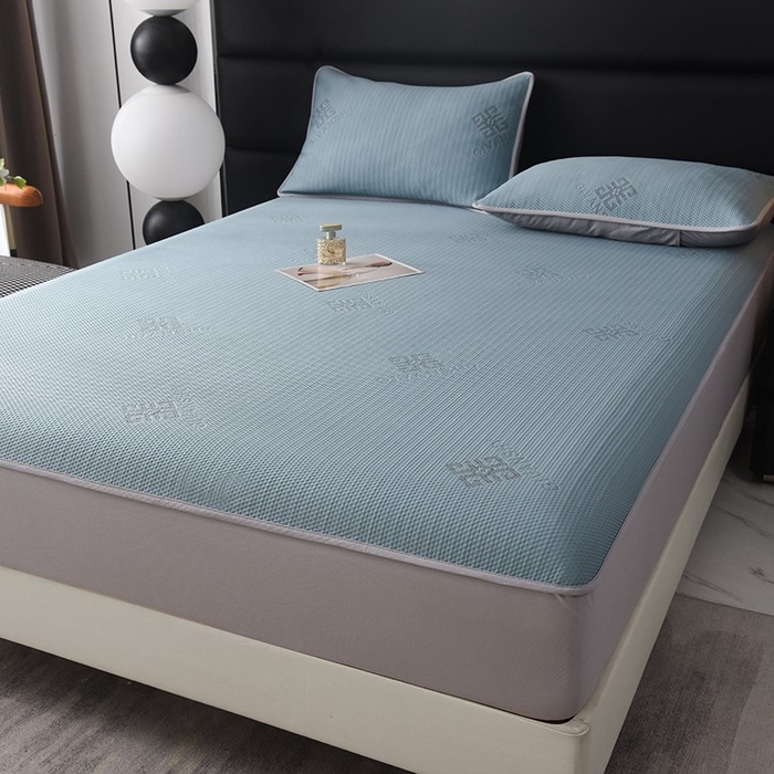 91家纺网 家纺一手货源 找家纺 绒多多 2025新款A类凉感冰豆豆席子凉席床笠款 雾霾蓝