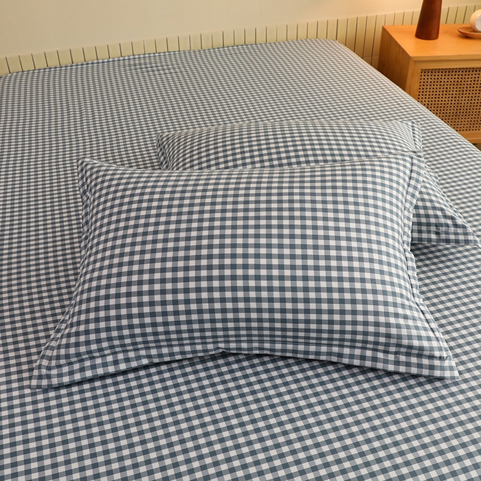 91家纺网 家纺一手货源 找家纺 绒多多 2025新款简约水洗棉色织床笠 蓝小格