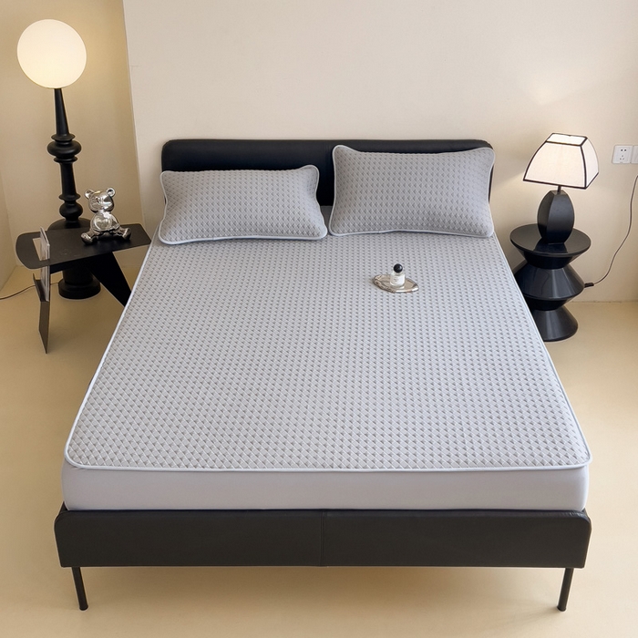 91家纺网 家纺一手货源 找家纺 席世家 2025新款凉感席冰豆豆席子三套件凉席床笠 小方格珍珠灰-床笠款