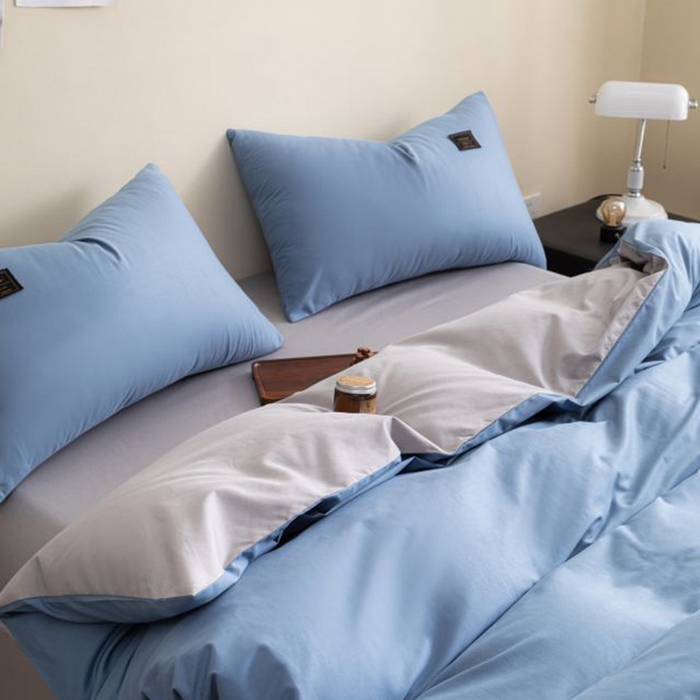 91家纺网 家纺一手货源 找家纺 恋之语 2025新款90克纯色双拼单被套 海洋蓝+浅灰