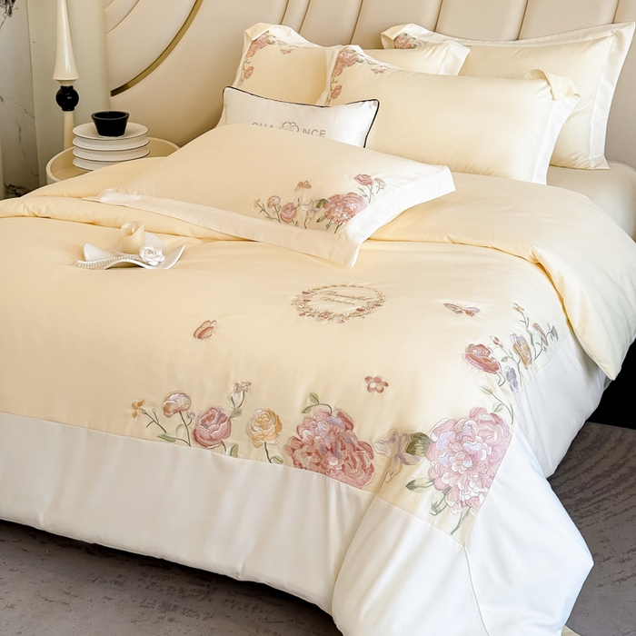 91家纺网 家纺一手货源 找家纺 恋之语 2025新款水洗棉刺绣四件套-伊莉莎 伊莉莎-黄