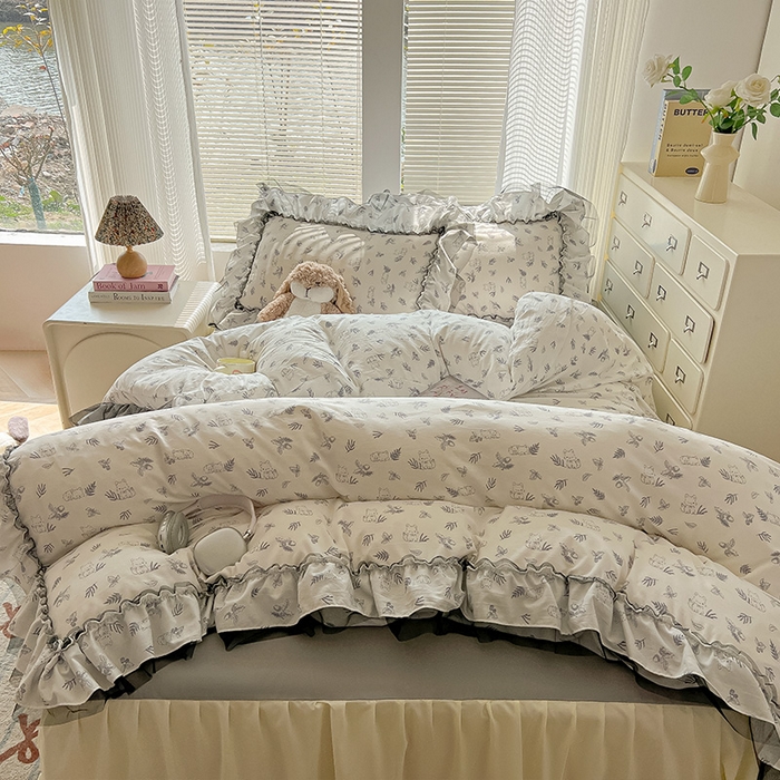 91家纺网 家纺一手货源 找家纺 眠帛家居 2025新款A类法式皱皱纱小清新蕾丝花边四件套 阿狸