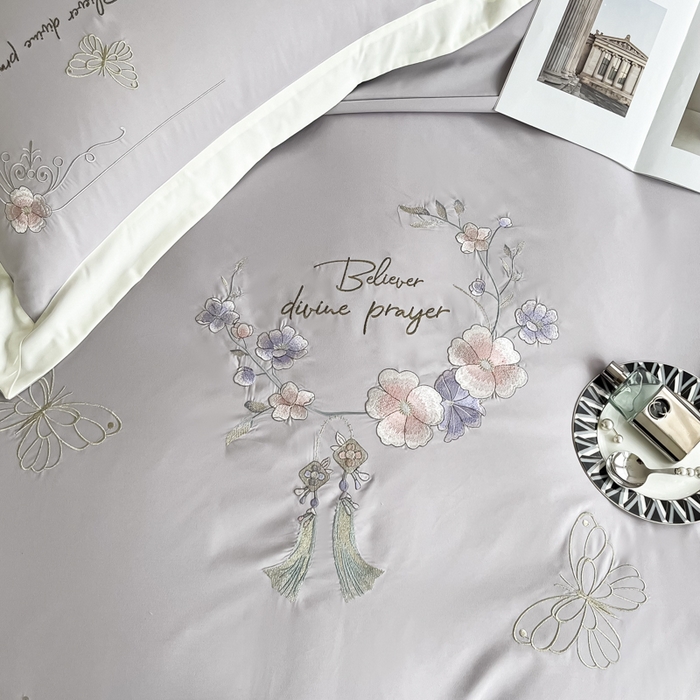 91家纺网 家纺一手货源 找家纺 恋之语 2025新款水洗棉刺绣四件套-锦绣花 锦绣花-浅灰