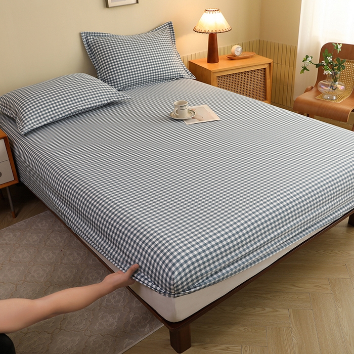 91家纺网 家纺一手货源 找家纺 绒多多 2025新款简约水洗棉色织床笠 蓝小格