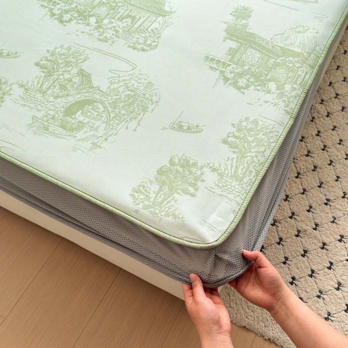 91家纺网 家纺一手货源 找家纺 花漾家居 2025新款A类色织提花PE凉感丝凉席三件套床单床笠款 床笠款-江南绿