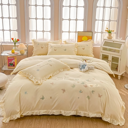 91家纺网 家纺一手货源 找家纺 （总）恋之语 2025新款水洗棉刺绣花边四件套-蝶羽