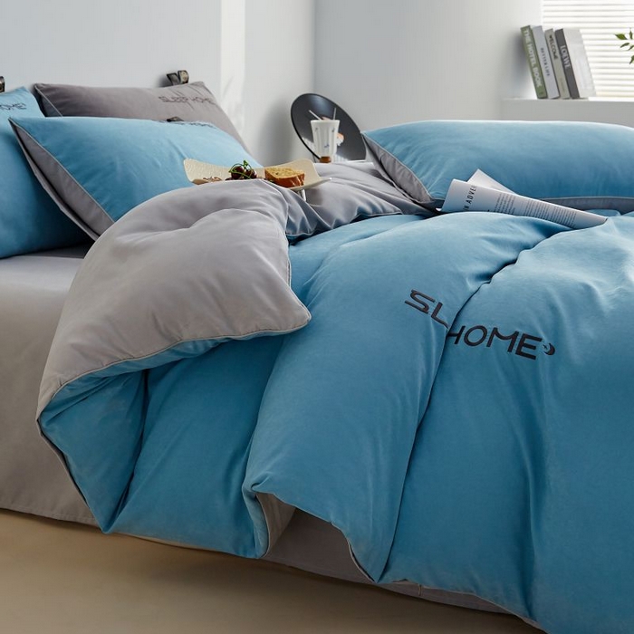 91家纺网 家纺一手货源 找家纺 恋之语 2025新款110克麻绳双拼刺绣单被套 天蓝+浅灰