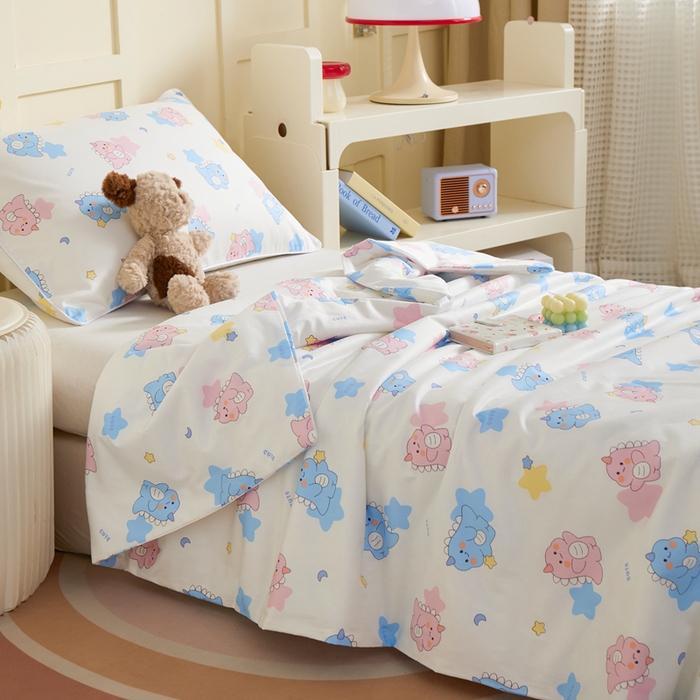 91家纺网 家纺一手货源 找家纺 ds生活馆 2025新款儿童学生纯棉精梳棉系列单夏被 星星恐龙白
