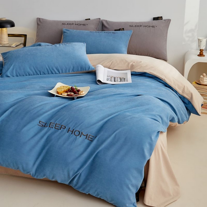 91家纺网 家纺一手货源 找家纺 恋之语 2025新款110克麻绳双拼刺绣单被套 星空蓝+卡其