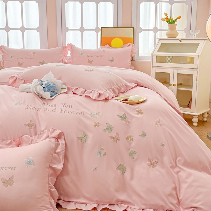 91家纺网 家纺一手货源 找家纺 （总）恋之语 2025新款水洗棉刺绣花边四件套-蝶羽