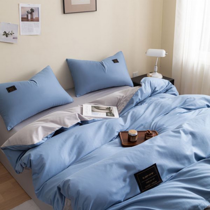 91家纺网 家纺一手货源 找家纺 恋之语 2025新款90克纯色双拼单被套 海洋蓝+浅灰