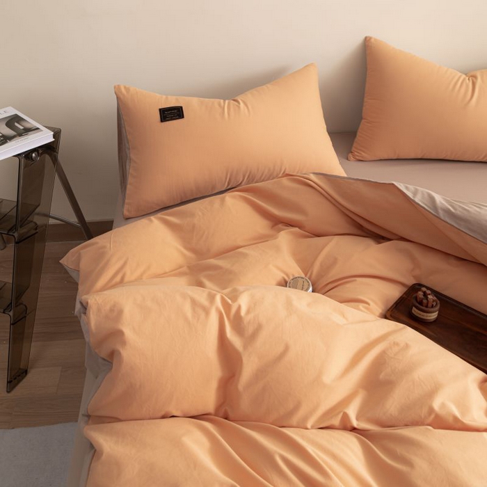 91家纺网 家纺一手货源 找家纺 恋之语 2025新款90克纯色双拼四件套 奶油橙+卡其灰