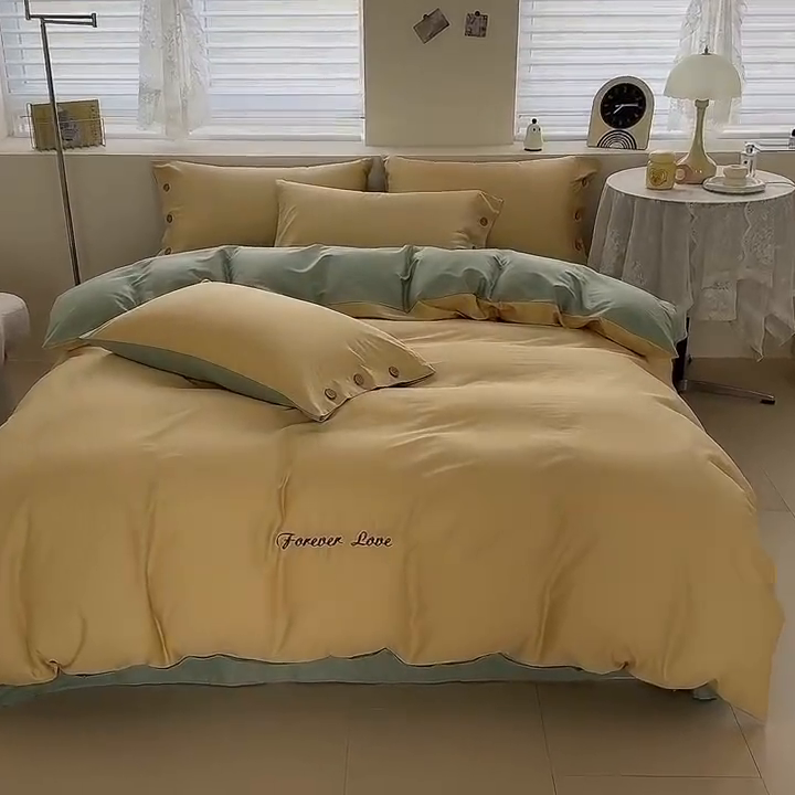 91家纺网 家纺一手货源 找家纺 艾迪尚家纺 2025新款A类纯色双拼长绒棉纯棉刺绣系列单品床笠 床笠单件（有单品 可定制） 黄芽翠眠