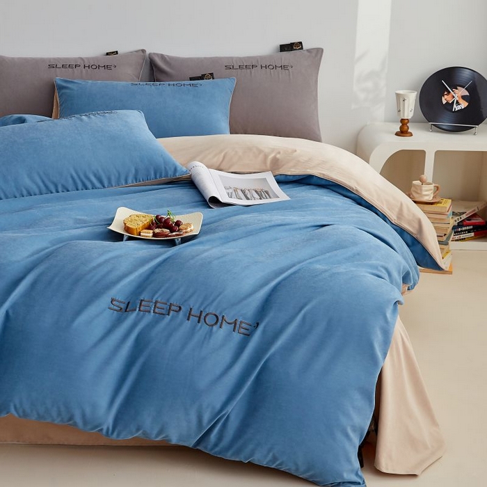 91家纺网 家纺一手货源 找家纺 恋之语 2025新款110克麻绳双拼刺绣四件套 星空蓝+卡其