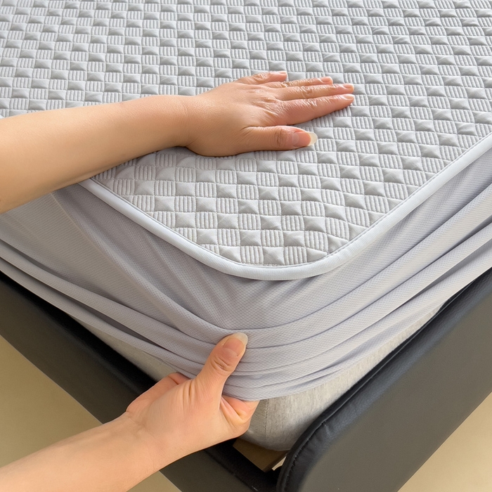 91家纺网 家纺一手货源 找家纺 席世家 2025新款凉感席冰豆豆席子三套件凉席床笠 小方格珍珠灰-床笠款