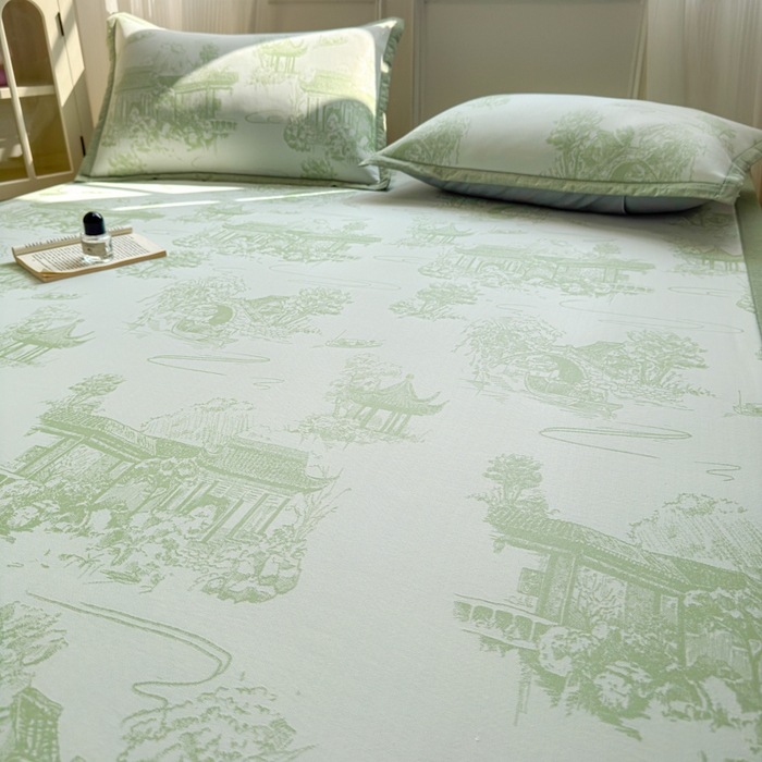 91家纺网 家纺一手货源 找家纺 花漾家居 2025新款A类色织提花PE凉感丝凉席三件套床单床笠款 床单款-江南绿