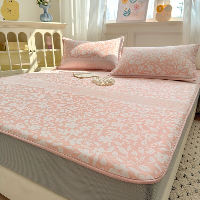 91家纺网 家纺一手货源 找家纺 花漾家居 2025新款A类色织提花PE凉感丝凉席三件套床单床笠款 床笠款-蔷薇粉