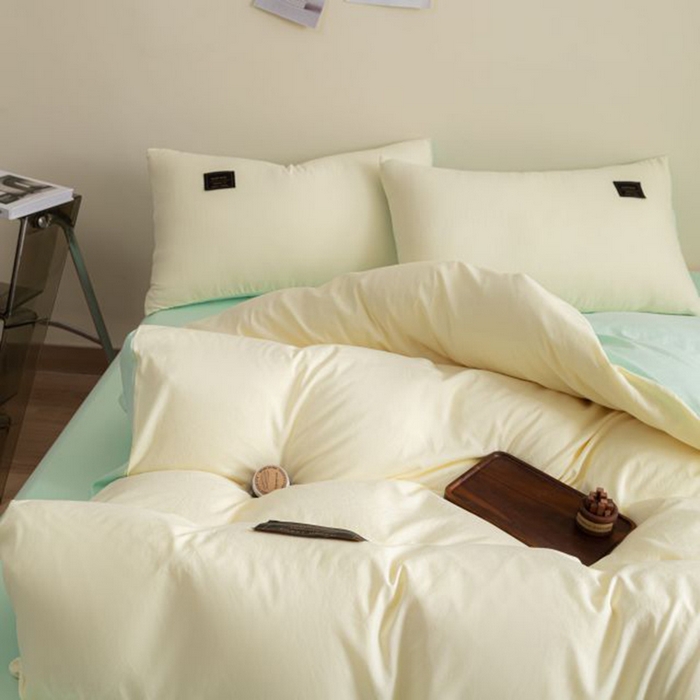 91家纺网 家纺一手货源 找家纺 恋之语 2025新款90克纯色双拼四件套 奶油黄+浅兰