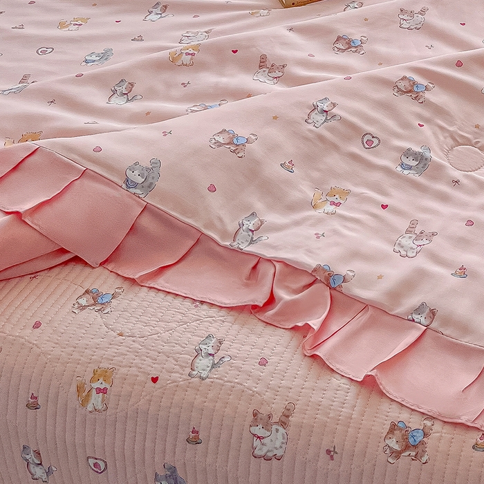 91家纺网 家纺一手货源 找家纺 慕晨 2025新品天丝莫代尔夏被床盖四件套天丝夏凉被直播热款夏被四件套 小猫咪