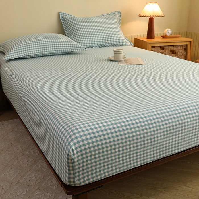 91家纺网 家纺一手货源 找家纺 绒多多 2025新款简约水洗棉色织床笠 绿小格