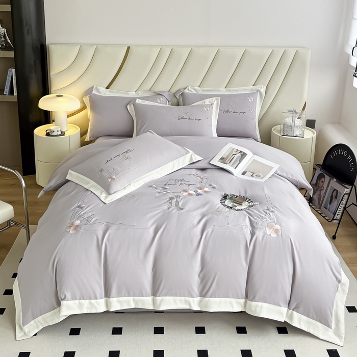 91家纺网 家纺一手货源 找家纺 恋之语 2025新款水洗棉刺绣四件套-锦绣花 锦绣花-浅灰