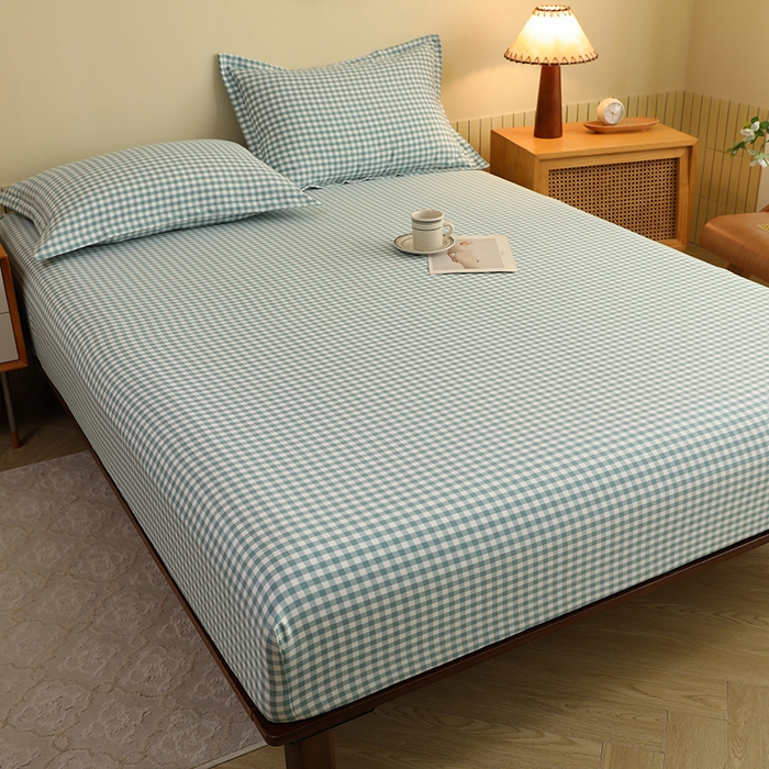 91家纺网 家纺一手货源 找家纺 绒多多 2025新款简约水洗棉色织床笠 绿小格