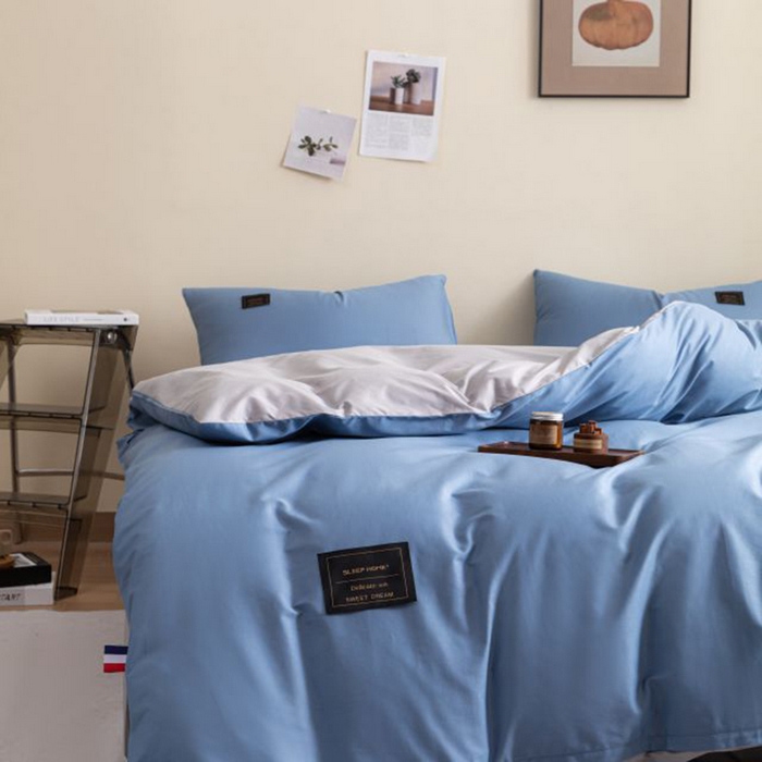 91家纺网 家纺一手货源 找家纺 恋之语 2025新款90克纯色双拼单被套 海洋蓝+浅灰