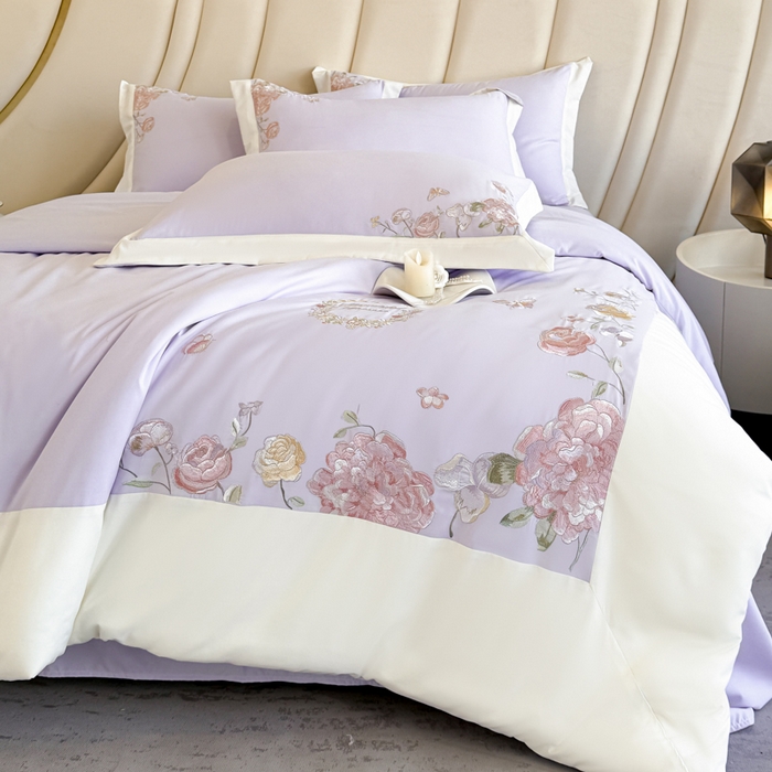 91家纺网 家纺一手货源 找家纺 恋之语 2025新款水洗棉刺绣四件套-伊莉莎 伊莉莎-紫白