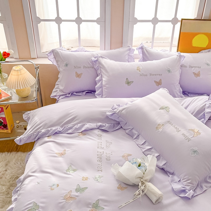 91家纺网 家纺一手货源 找家纺 恋之语 2025新款水洗棉刺绣花边四件套-蝶羽 蝶羽-紫