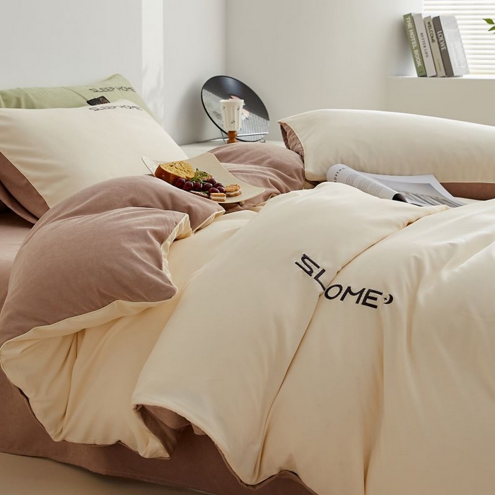 91家纺网 家纺一手货源 找家纺 恋之语 2025新款110克麻绳双拼刺绣单被套 米黄+浅咖