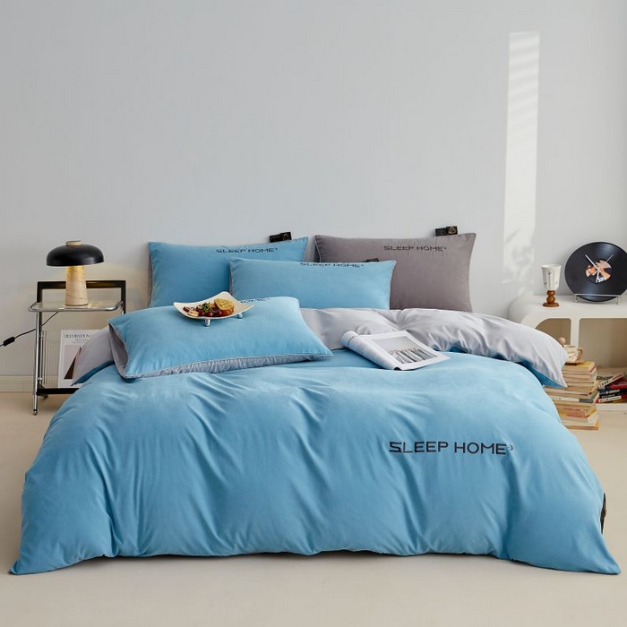 91家纺网 家纺一手货源 找家纺 恋之语 2025新款110克麻绳双拼刺绣单被套 天蓝+浅灰