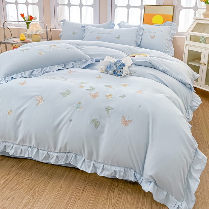 91家纺网 家纺一手货源 找家纺 恋之语 2025新款水洗棉刺绣花边四件套-蝶羽 蝶羽-蓝